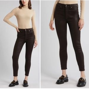 7 For All Mankind Black Coated Shimmer Ankle Skinny Raw Hem Jeans-28